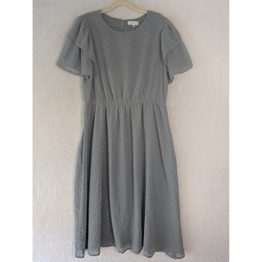 SweetSalt Midi Dress Women's XL Grey Swiss Dot Flutter Sleeve Elastic Waist